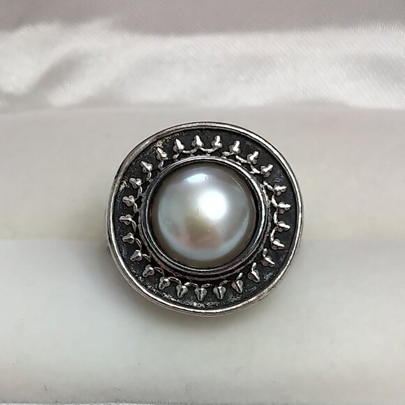 Spectacular Vintage Mabe Pearl and 925 Sterling Silver Lunar Ring - Picture 2 of 5
